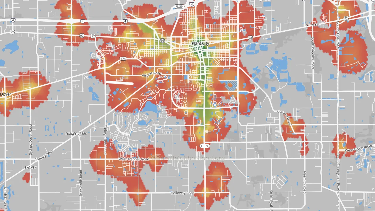 Walk Grade map of 33566, FL, walkable areas in green and car-dependent areas in red
