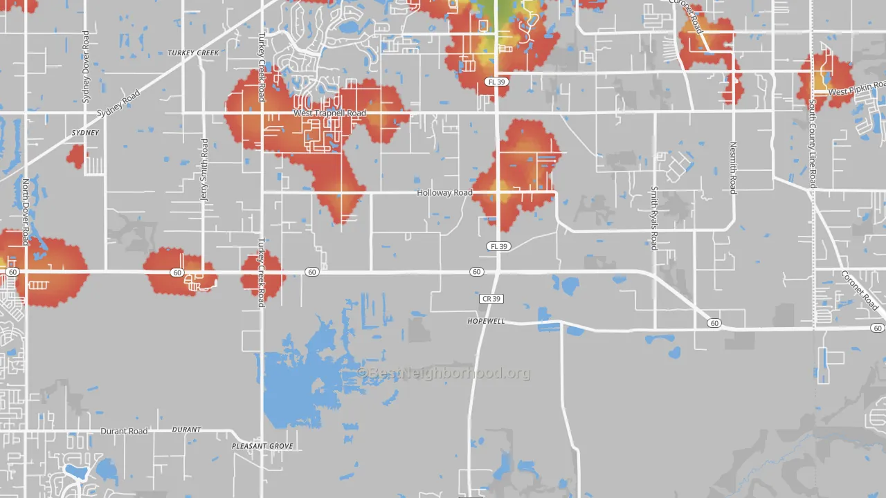 Walk Grade map of 33567, FL, walkable areas in green and car-dependent areas in red