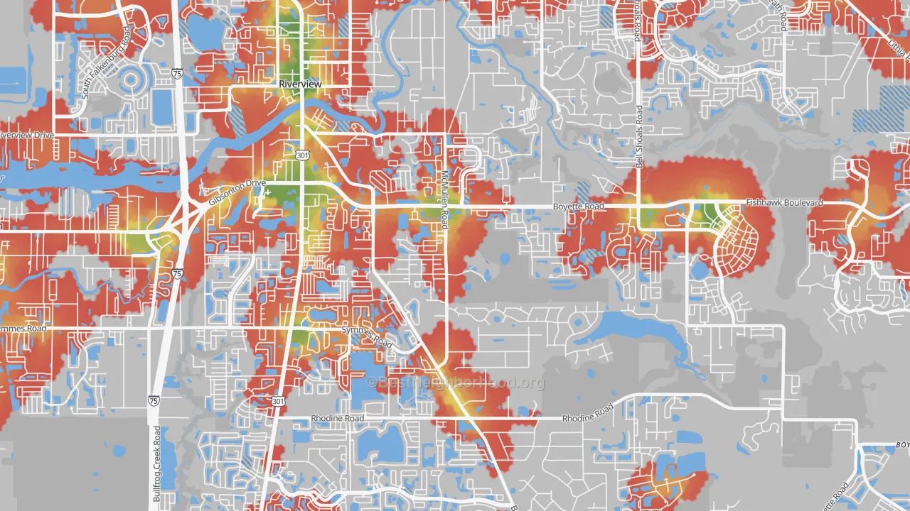 Walk Grade map of 33569, FL, walkable areas in green and car-dependent areas in red