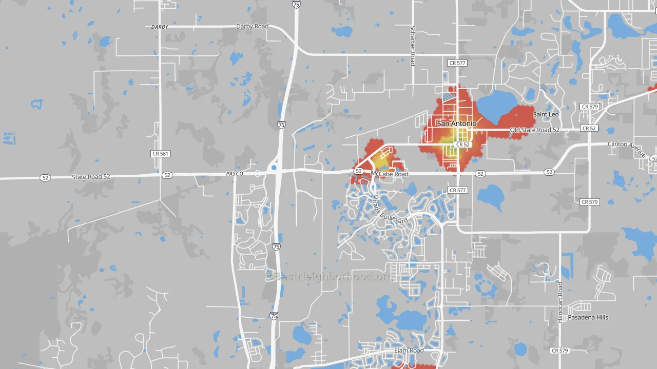 Walk Grade map of 33576, FL, walkable areas in green and car-dependent areas in red