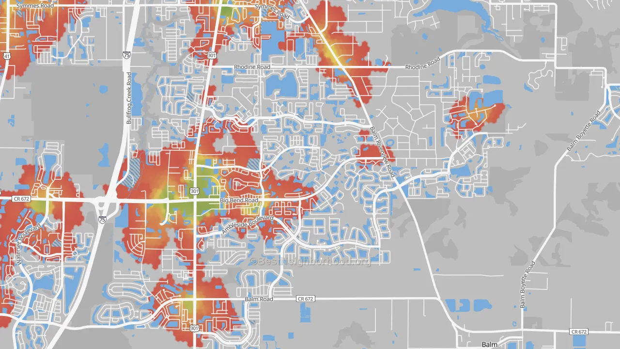 Walk Grade map of 33579, FL, walkable areas in green and car-dependent areas in red