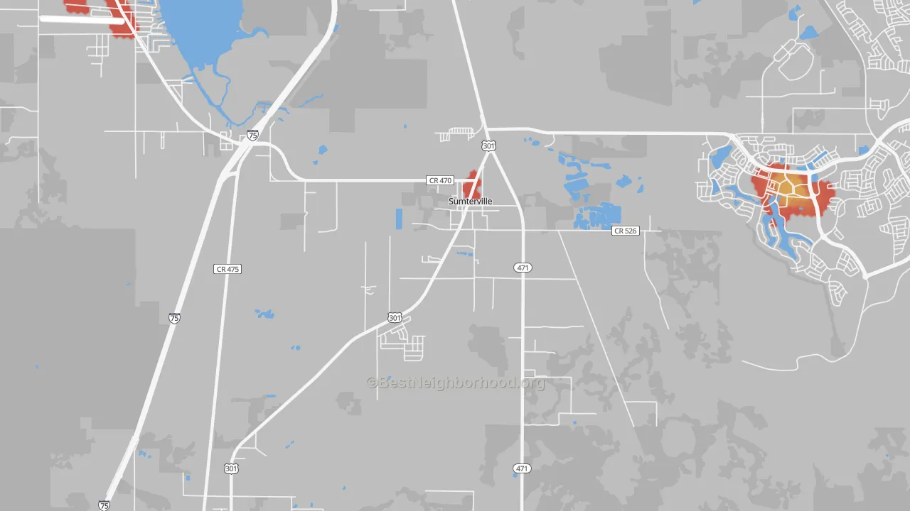 Walk Grade map of 33585, FL, walkable areas in green and car-dependent areas in red