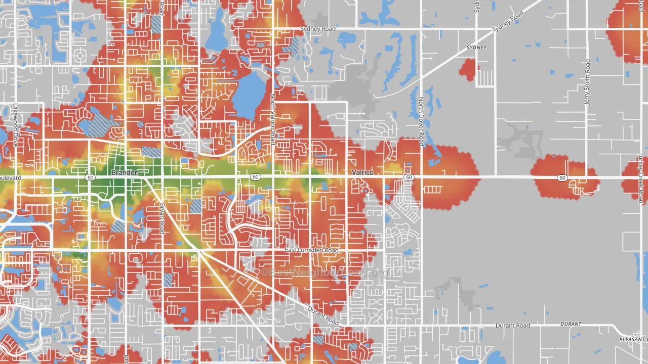 Walk Grade map of 33594, FL, walkable areas in green and car-dependent areas in red