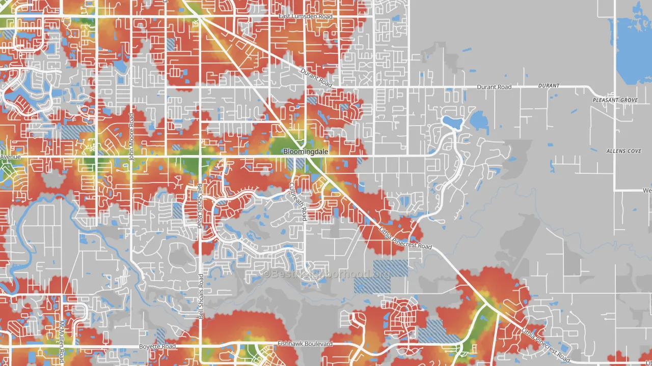 Walk Grade map of 33596, FL, walkable areas in green and car-dependent areas in red