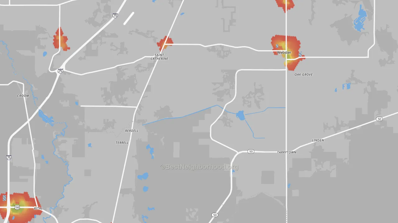 Walk Grade map of 33597, FL, walkable areas in green and car-dependent areas in red