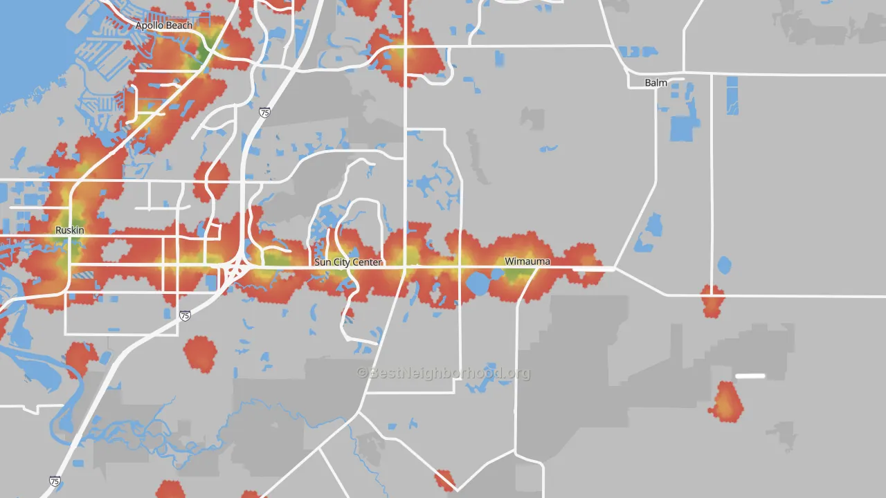 Walk Grade map of 33598, FL, walkable areas in green and car-dependent areas in red