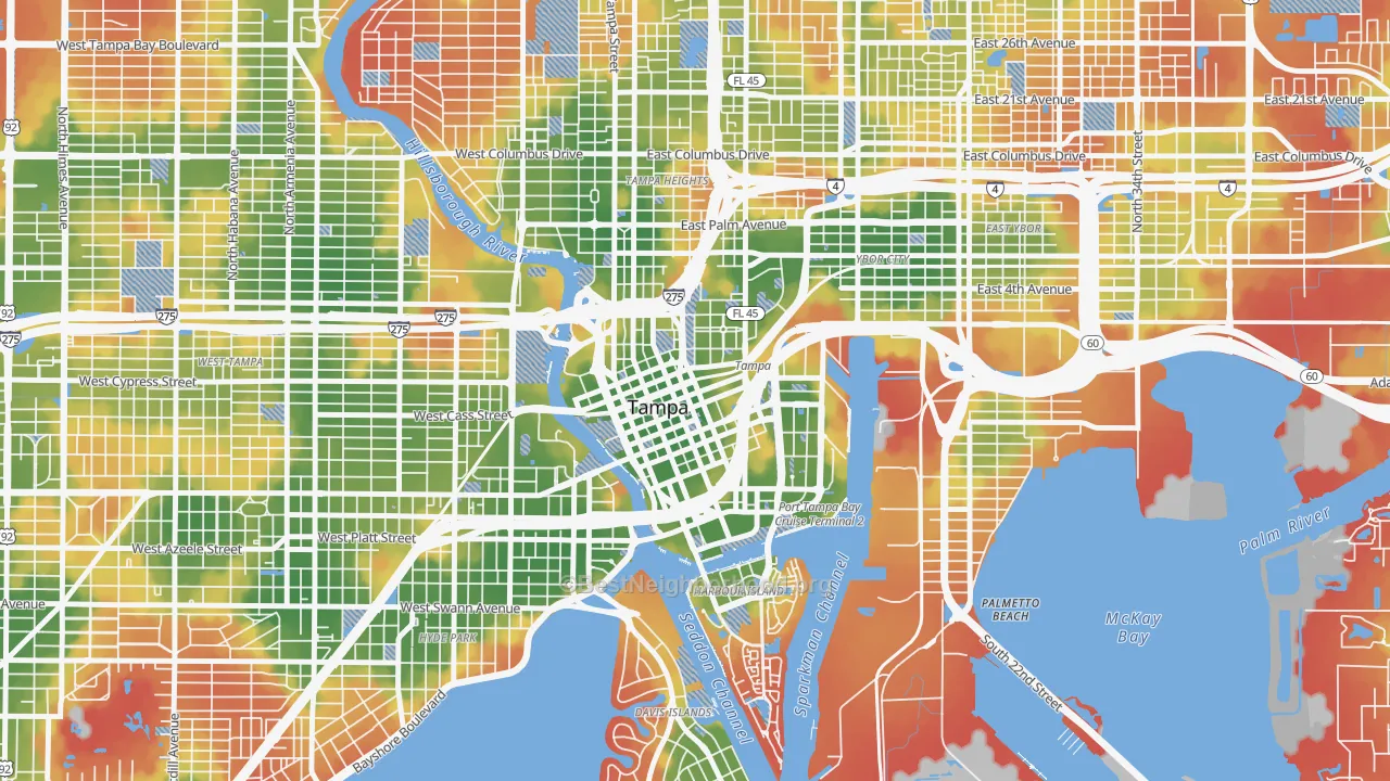 Walk Grade map of 33602, FL, walkable areas in green and car-dependent areas in red
