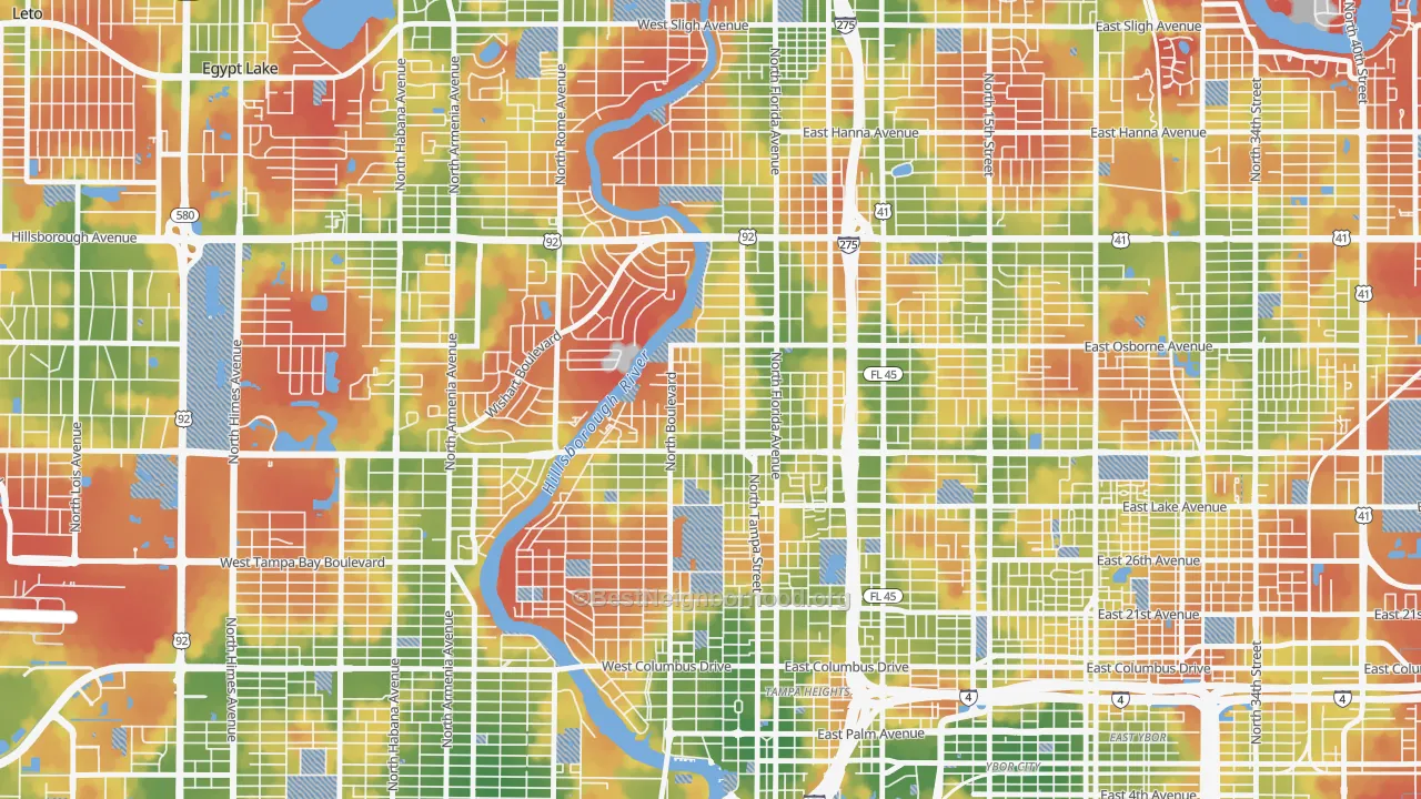 Walk Grade map of 33603, FL, walkable areas in green and car-dependent areas in red