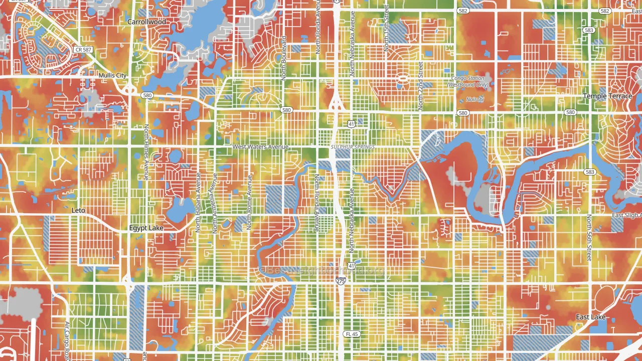 Walk Grade map of 33604, FL, walkable areas in green and car-dependent areas in red