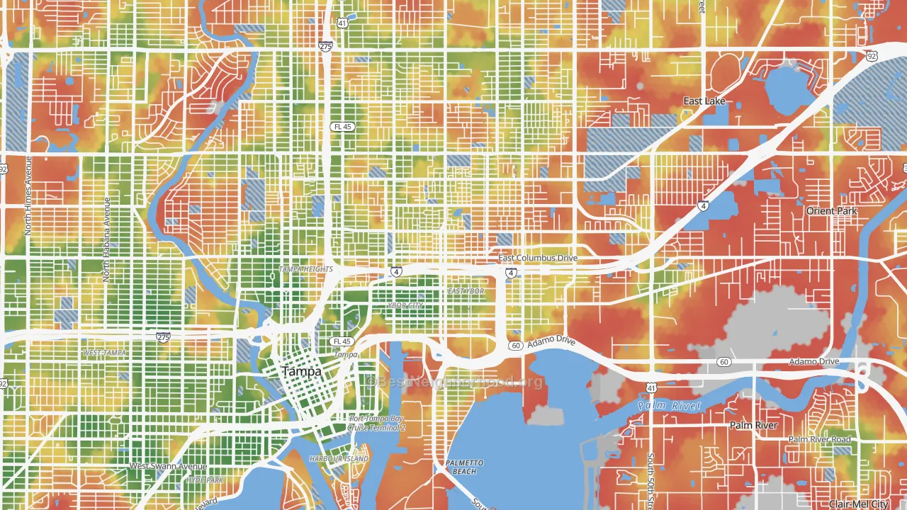 Walk Grade map of 33605, FL, walkable areas in green and car-dependent areas in red