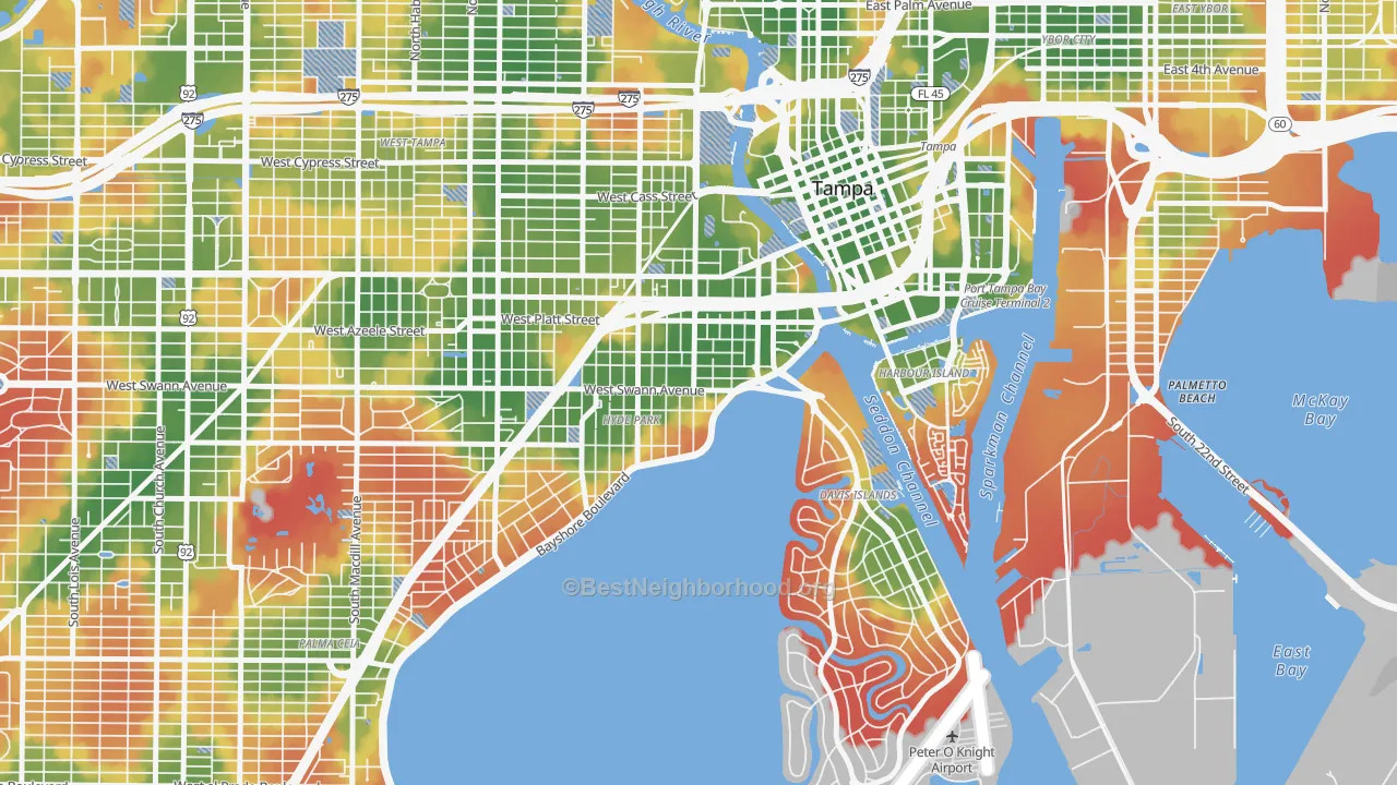 Walk Grade map of 33606, FL, walkable areas in green and car-dependent areas in red