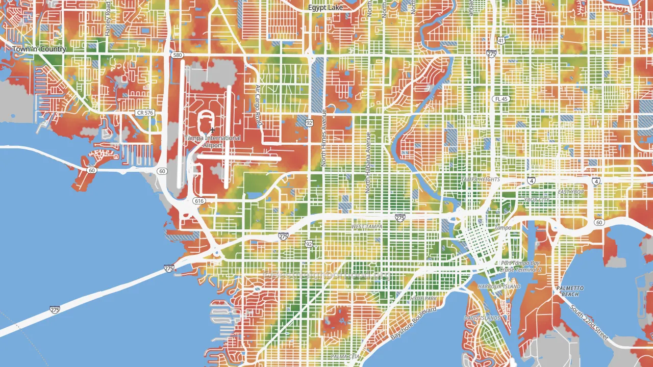 Walk Grade map of 33607, FL, walkable areas in green and car-dependent areas in red