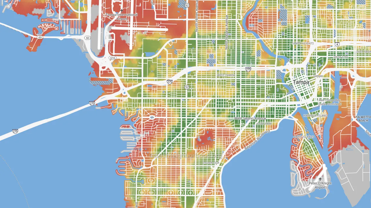 Walk Grade map of 33609, FL, walkable areas in green and car-dependent areas in red
