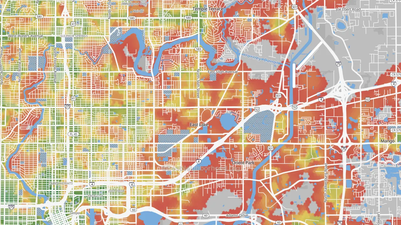 Walk Grade map of 33610, FL, walkable areas in green and car-dependent areas in red