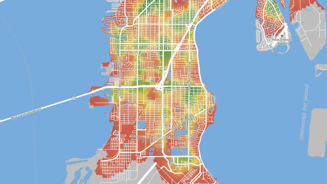 Walk Grade map of 33611, FL, walkable areas in green and car-dependent areas in red