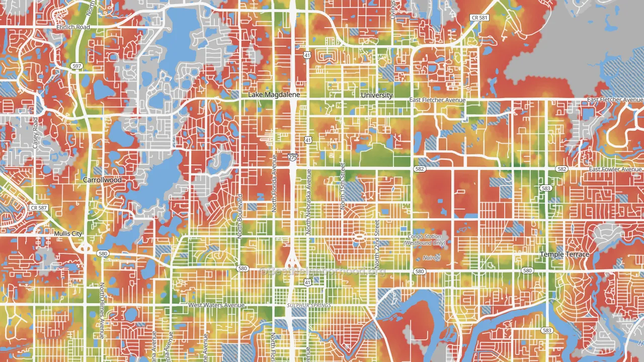 Walk Grade map of 33612, FL, walkable areas in green and car-dependent areas in red