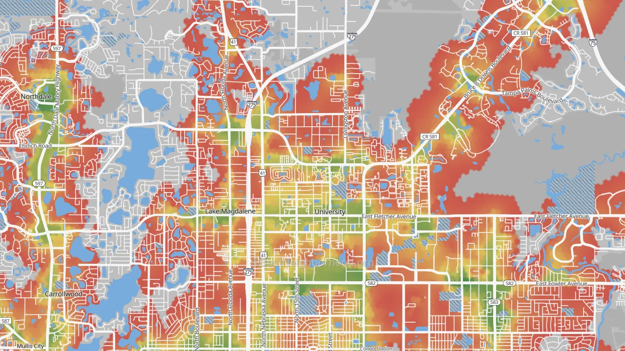 Walk Grade map of 33613, FL, walkable areas in green and car-dependent areas in red