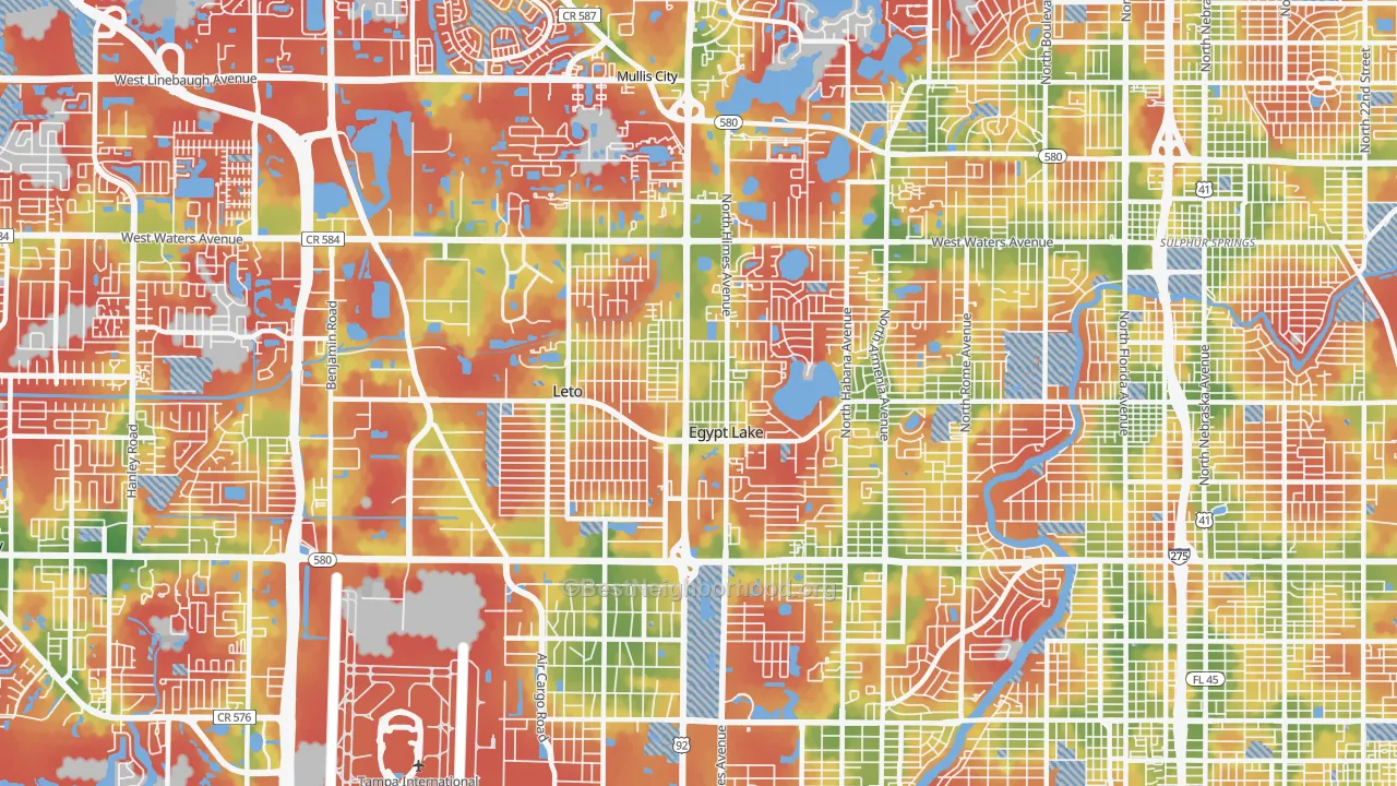Walk Grade map of 33614, FL, walkable areas in green and car-dependent areas in red
