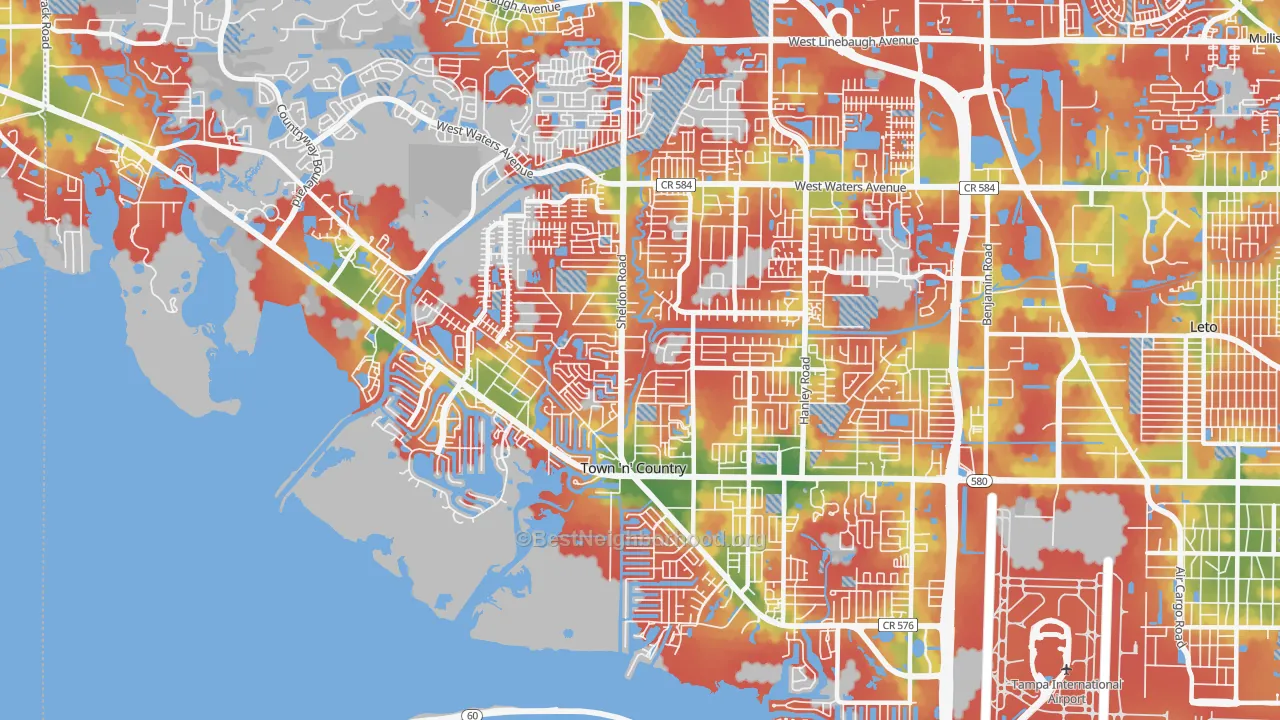 Walk Grade map of 33615, FL, walkable areas in green and car-dependent areas in red
