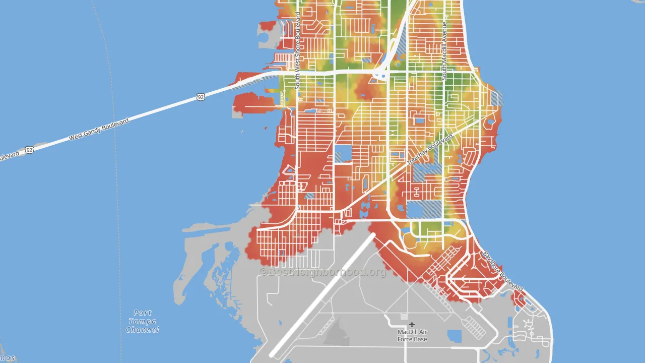Walk Grade map of 33616, FL, walkable areas in green and car-dependent areas in red