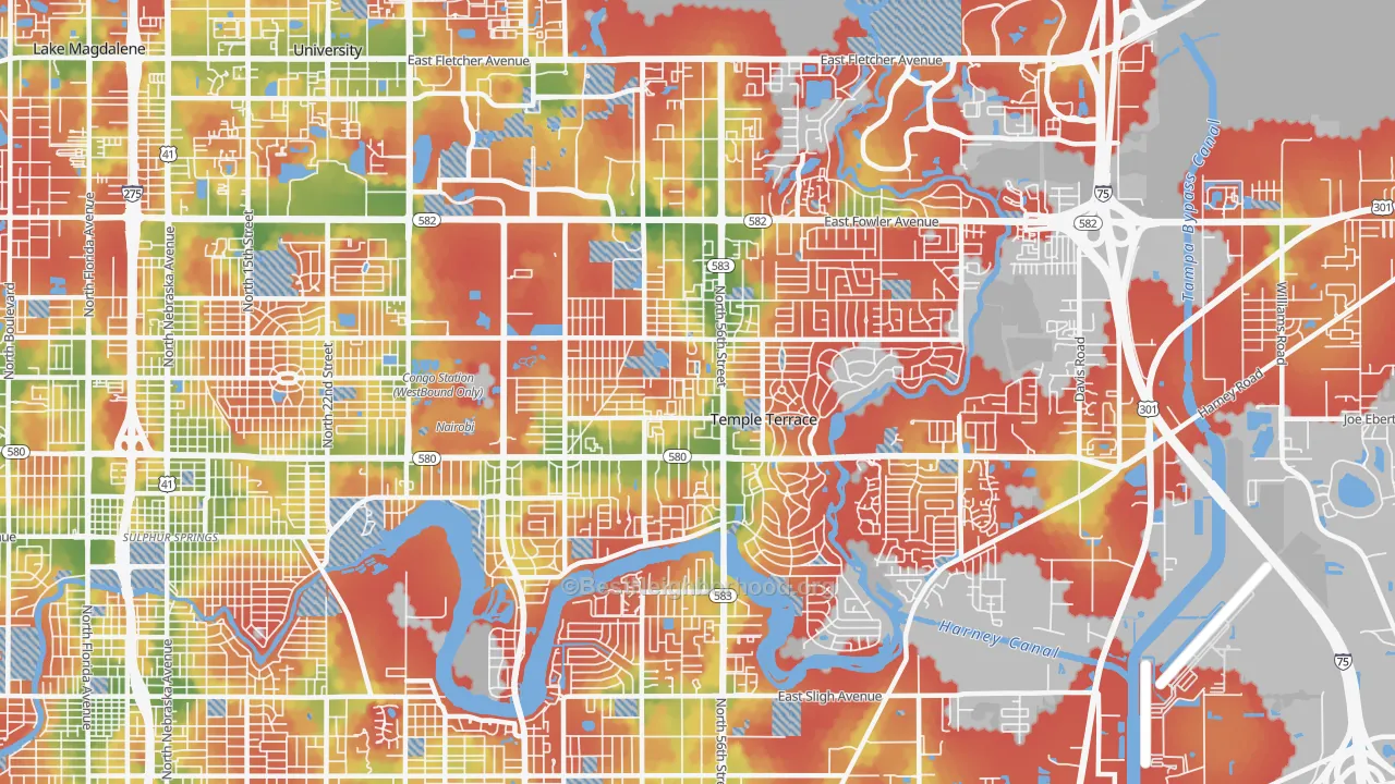 Walk Grade map of 33617, FL, walkable areas in green and car-dependent areas in red