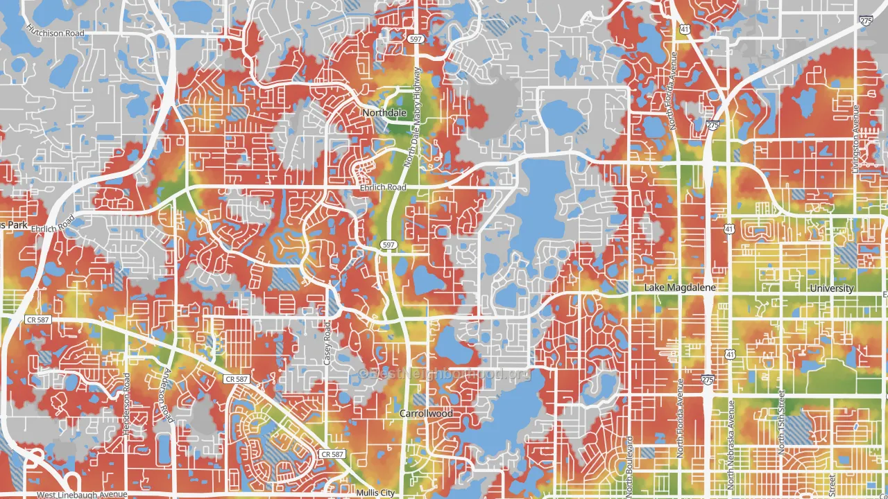 Walk Grade map of 33618, FL, walkable areas in green and car-dependent areas in red