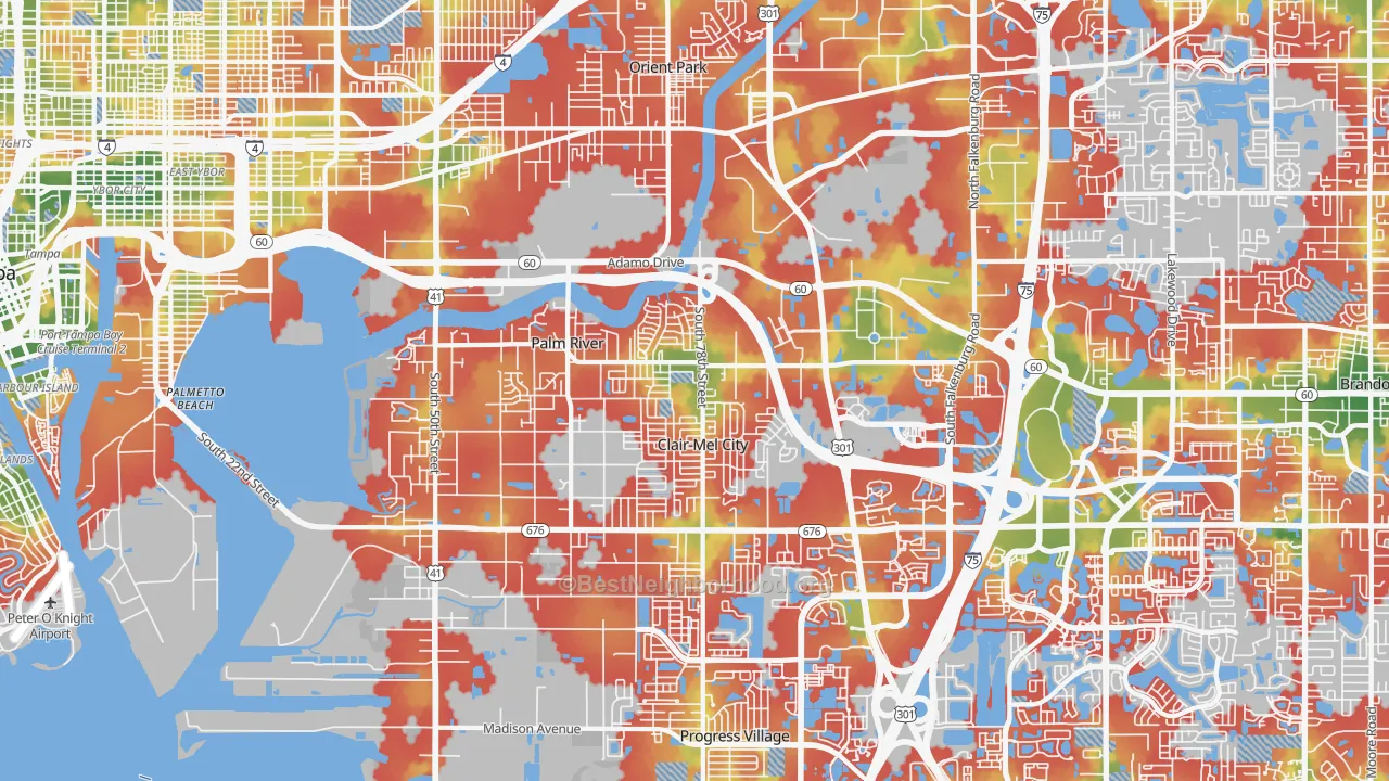 Walk Grade map of 33619, FL, walkable areas in green and car-dependent areas in red