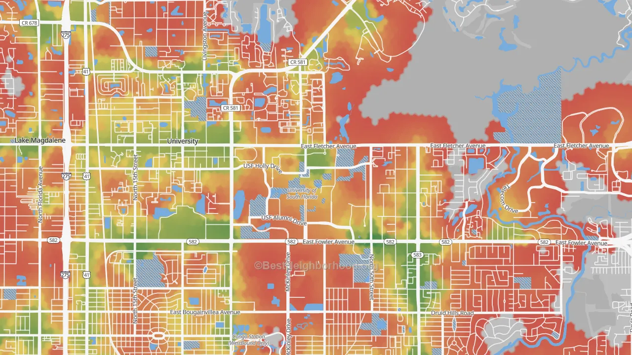 Walk Grade map of 33620, FL, walkable areas in green and car-dependent areas in red