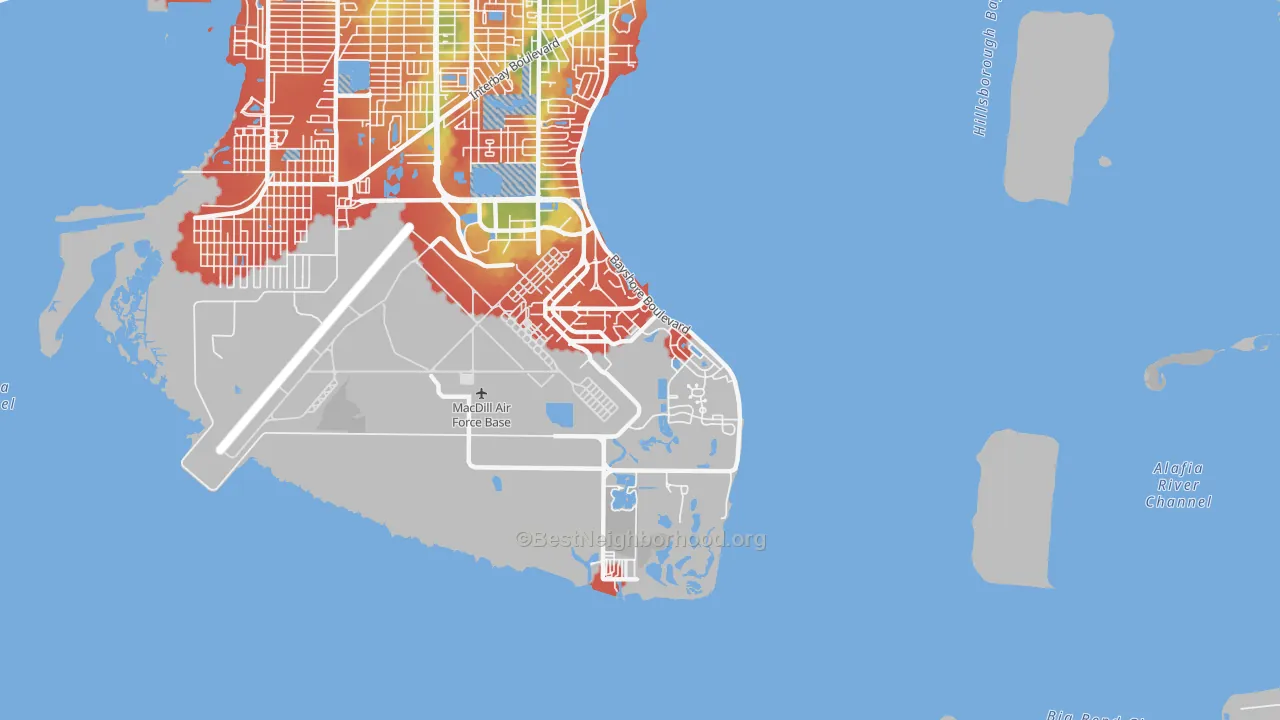 Walk Grade map of 33621, FL, walkable areas in green and car-dependent areas in red