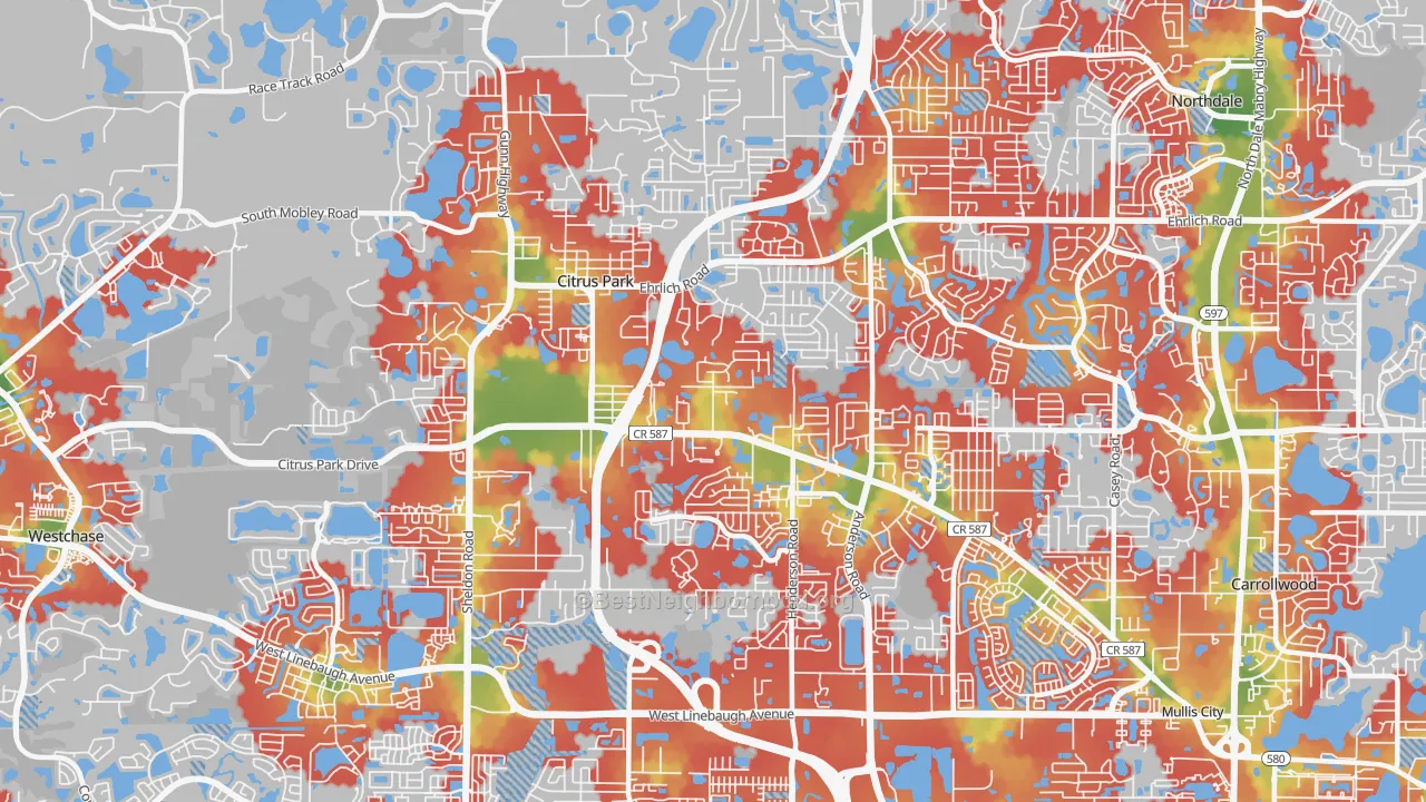 Walk Grade map of 33625, FL, walkable areas in green and car-dependent areas in red