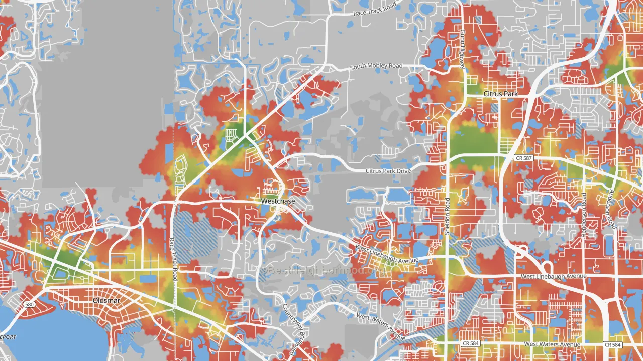 Walk Grade map of 33626, FL, walkable areas in green and car-dependent areas in red
