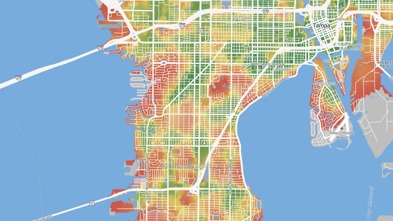 Walk Grade map of 33629, FL, walkable areas in green and car-dependent areas in red