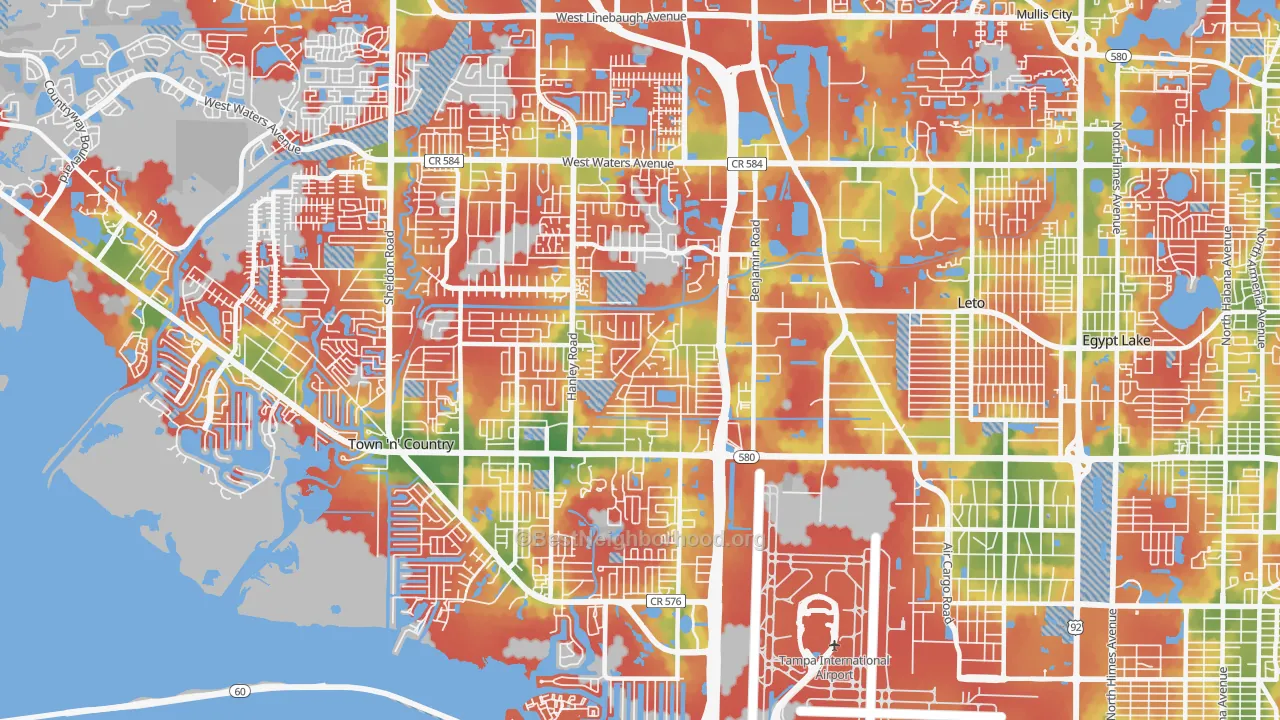 Walk Grade map of 33634, FL, walkable areas in green and car-dependent areas in red