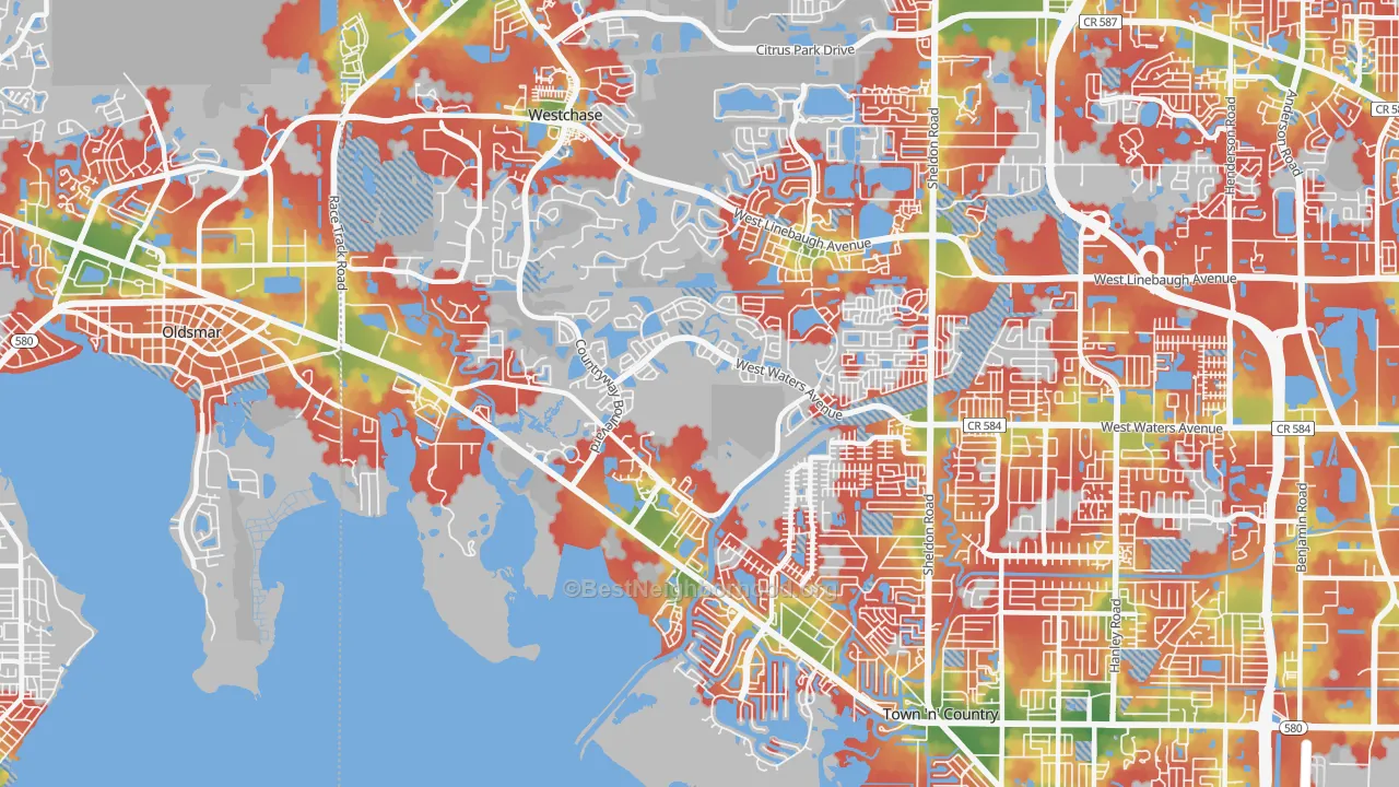 Walk Grade map of 33635, FL, walkable areas in green and car-dependent areas in red