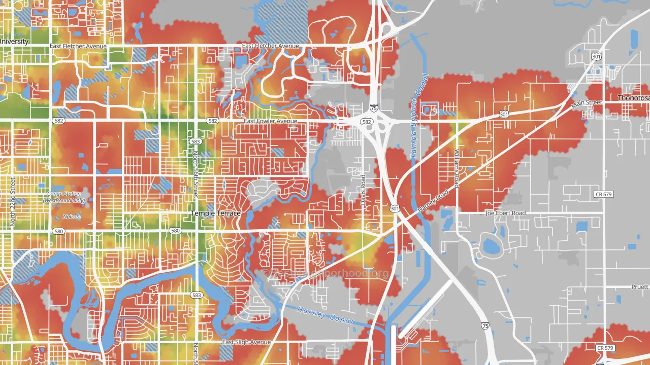 Walk Grade map of 33637, FL, walkable areas in green and car-dependent areas in red