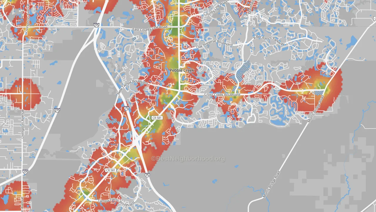 Walk Grade map of 33647, FL, walkable areas in green and car-dependent areas in red