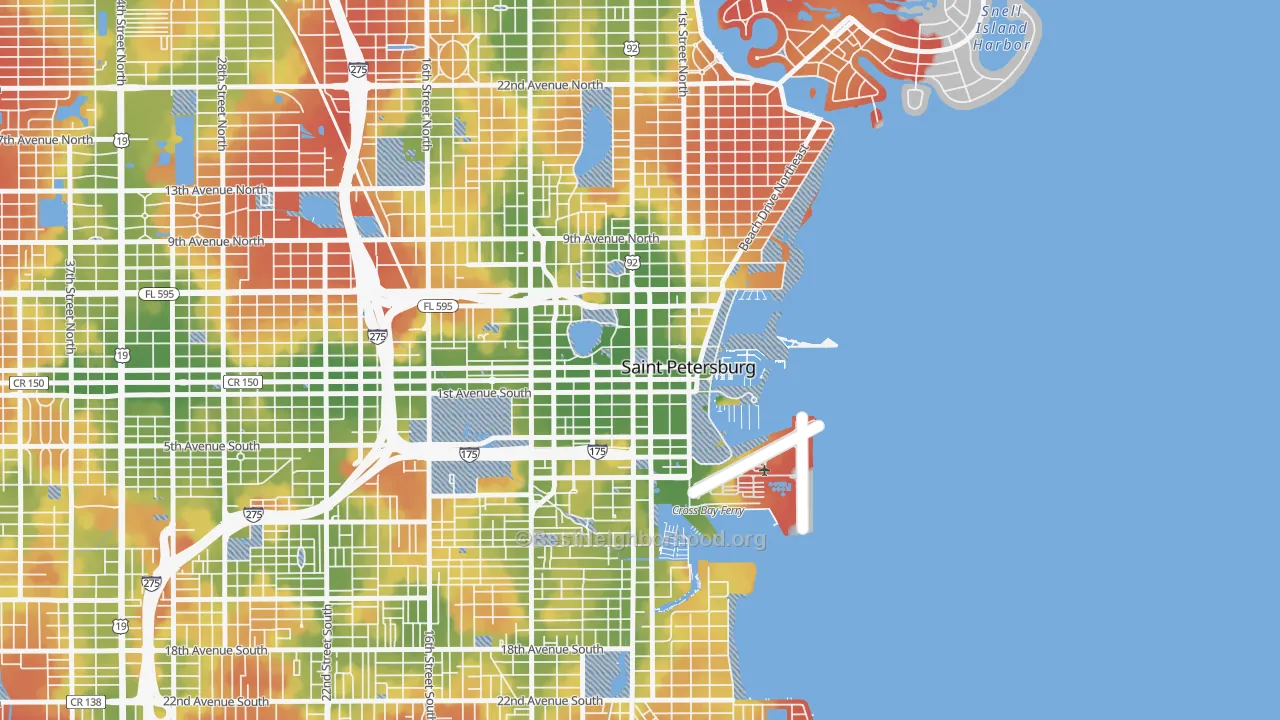 Walk Grade map of 33701, FL, walkable areas in green and car-dependent areas in red