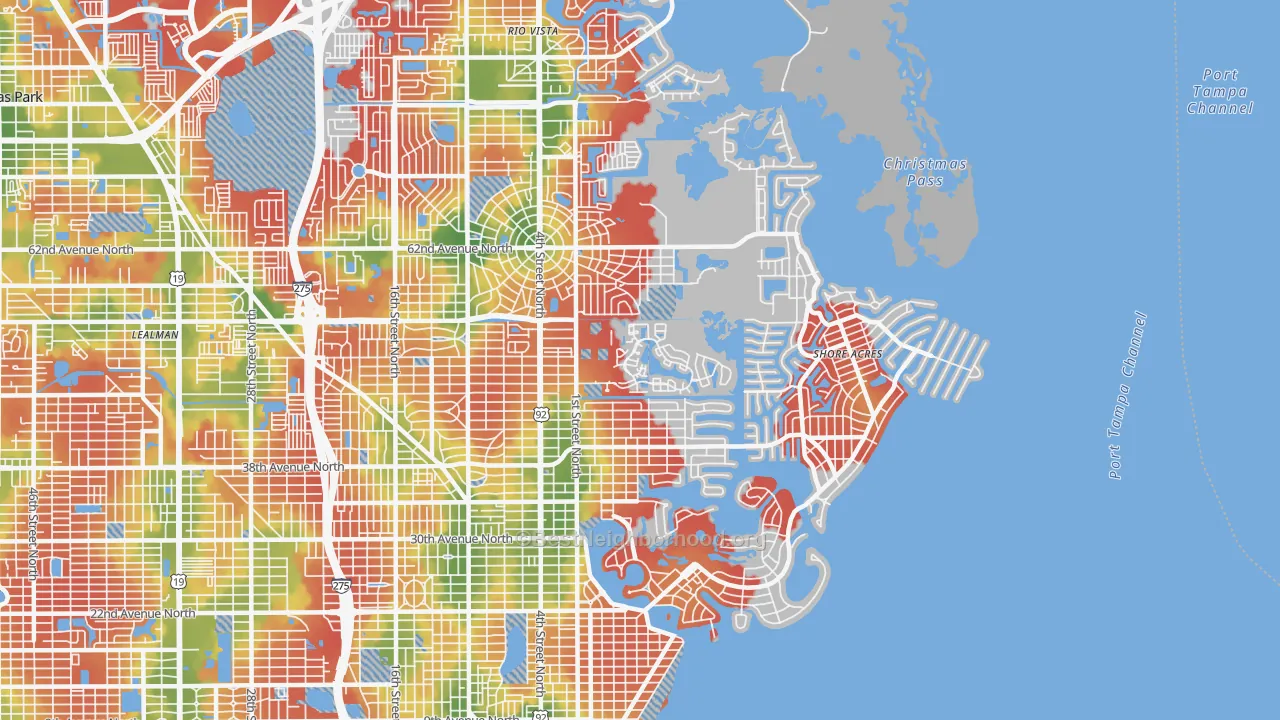 Walk Grade map of 33703, FL, walkable areas in green and car-dependent areas in red