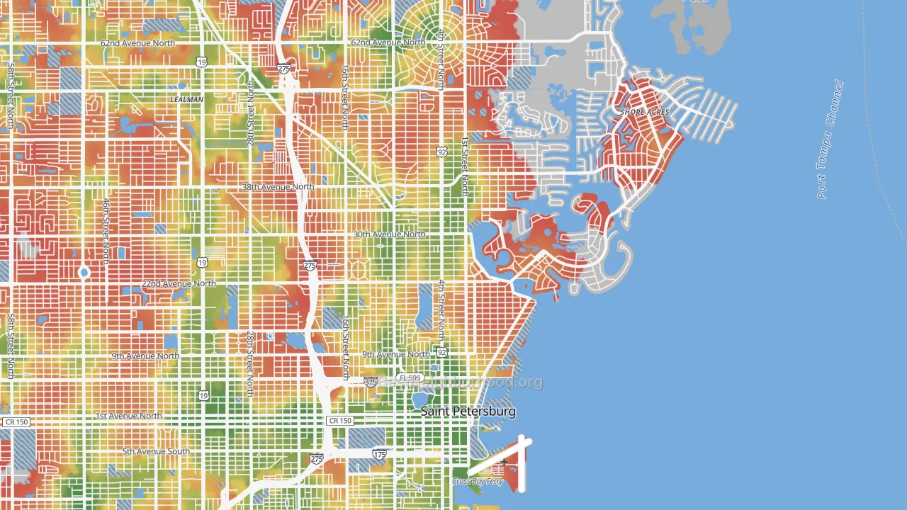 Walk Grade map of 33704, FL, walkable areas in green and car-dependent areas in red