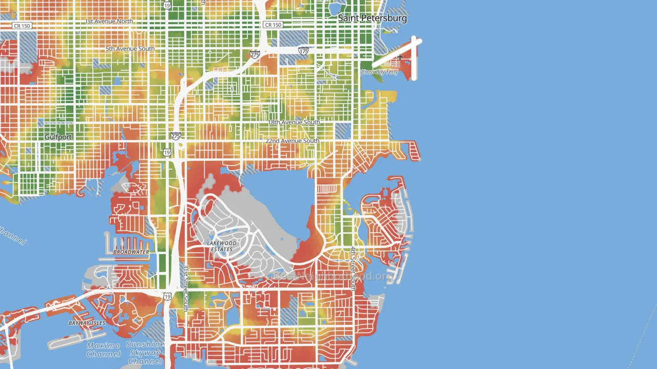 Walk Grade map of 33705, FL, walkable areas in green and car-dependent areas in red
