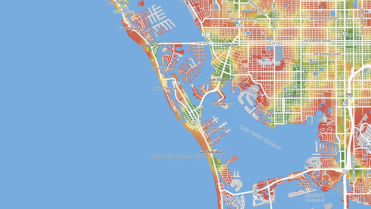 Walk Grade map of 33706, FL, walkable areas in green and car-dependent areas in red
