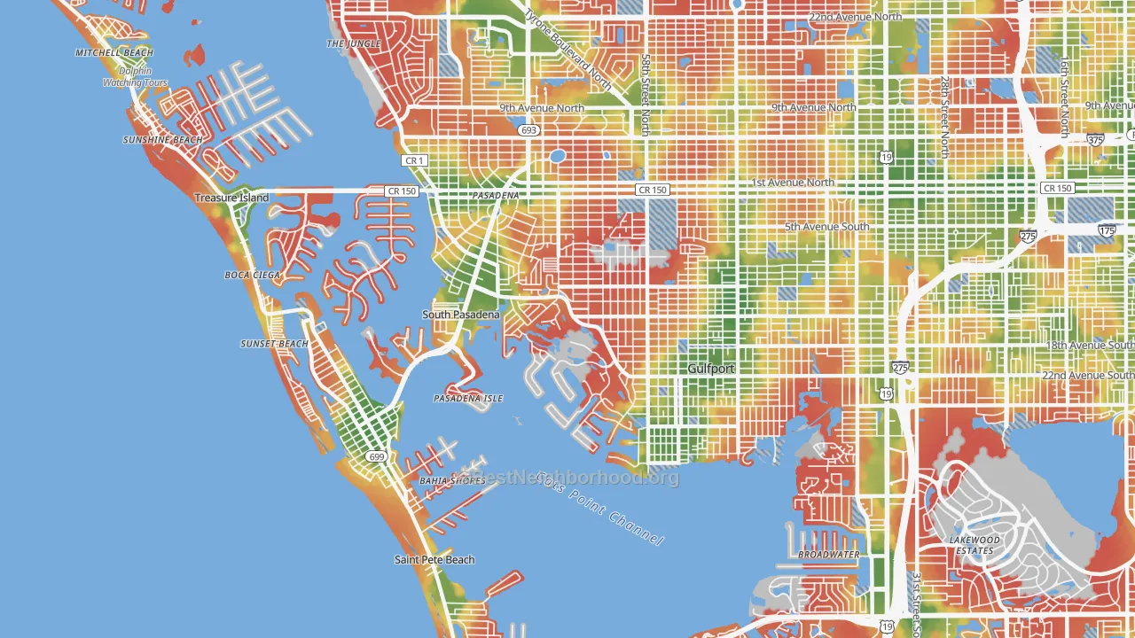 Walk Grade map of 33707, FL, walkable areas in green and car-dependent areas in red