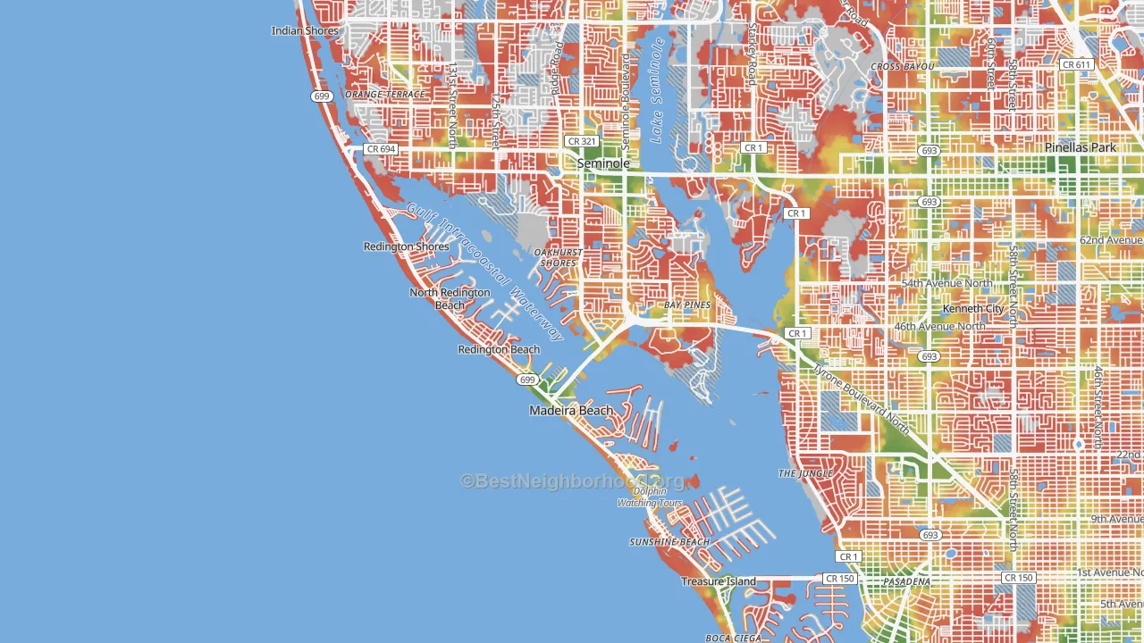 Walk Grade map of 33708, FL, walkable areas in green and car-dependent areas in red