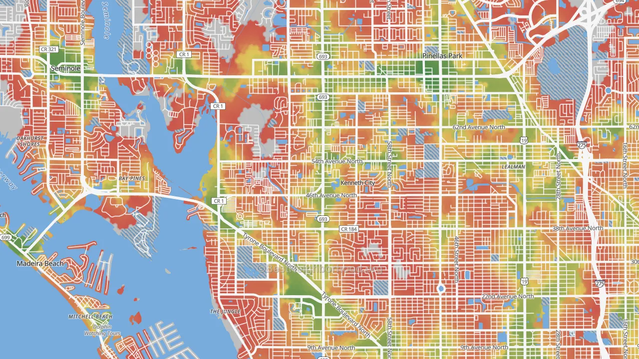 Walk Grade map of 33709, FL, walkable areas in green and car-dependent areas in red
