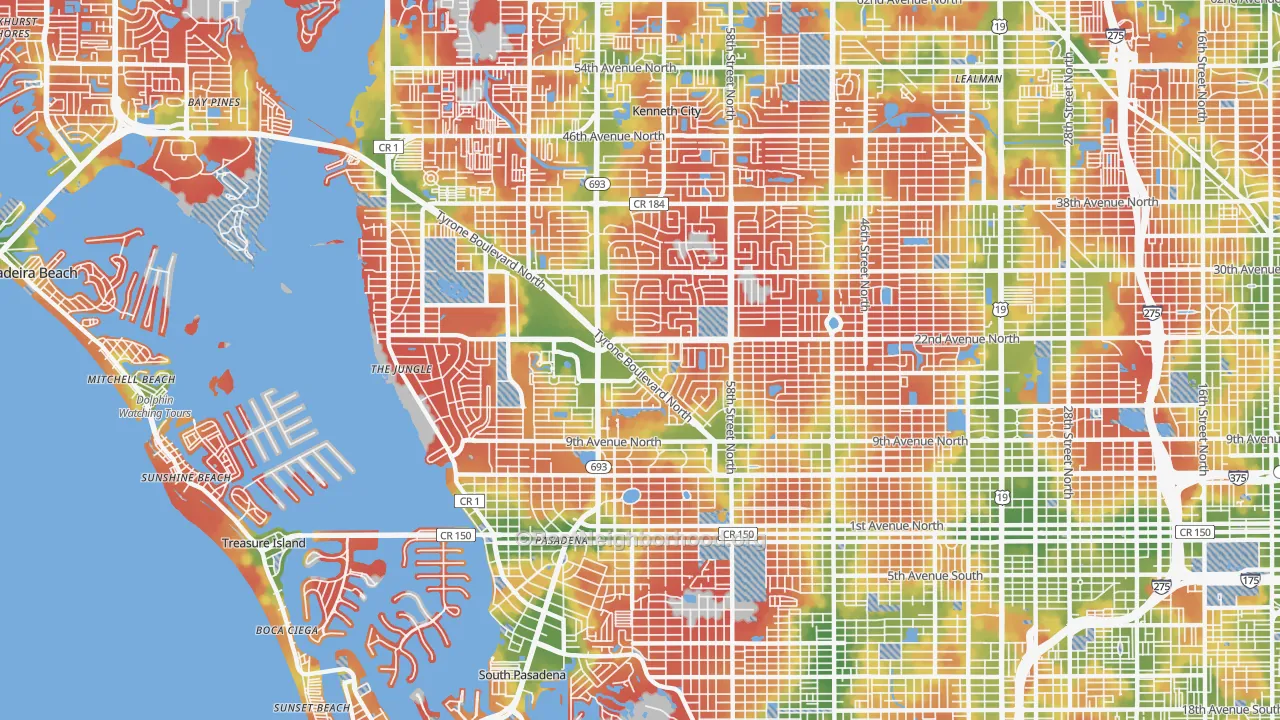Walk Grade map of 33710, FL, walkable areas in green and car-dependent areas in red