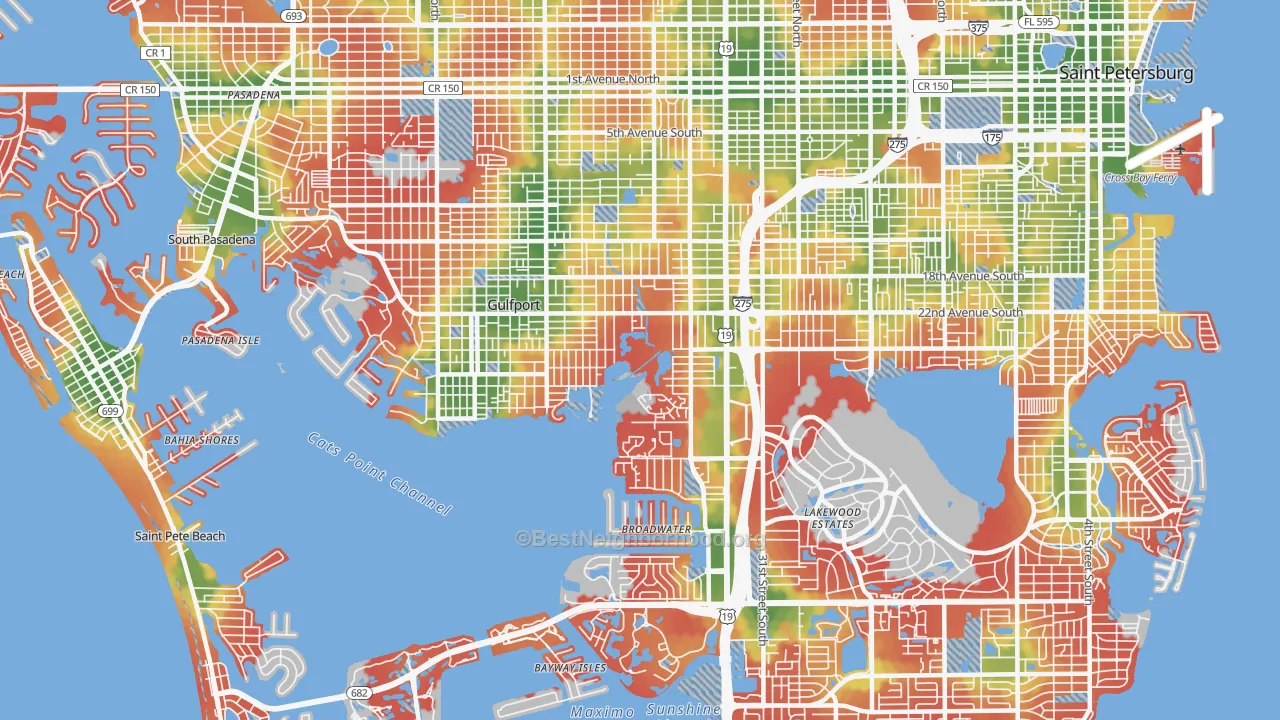 Walk Grade map of 33711, FL, walkable areas in green and car-dependent areas in red