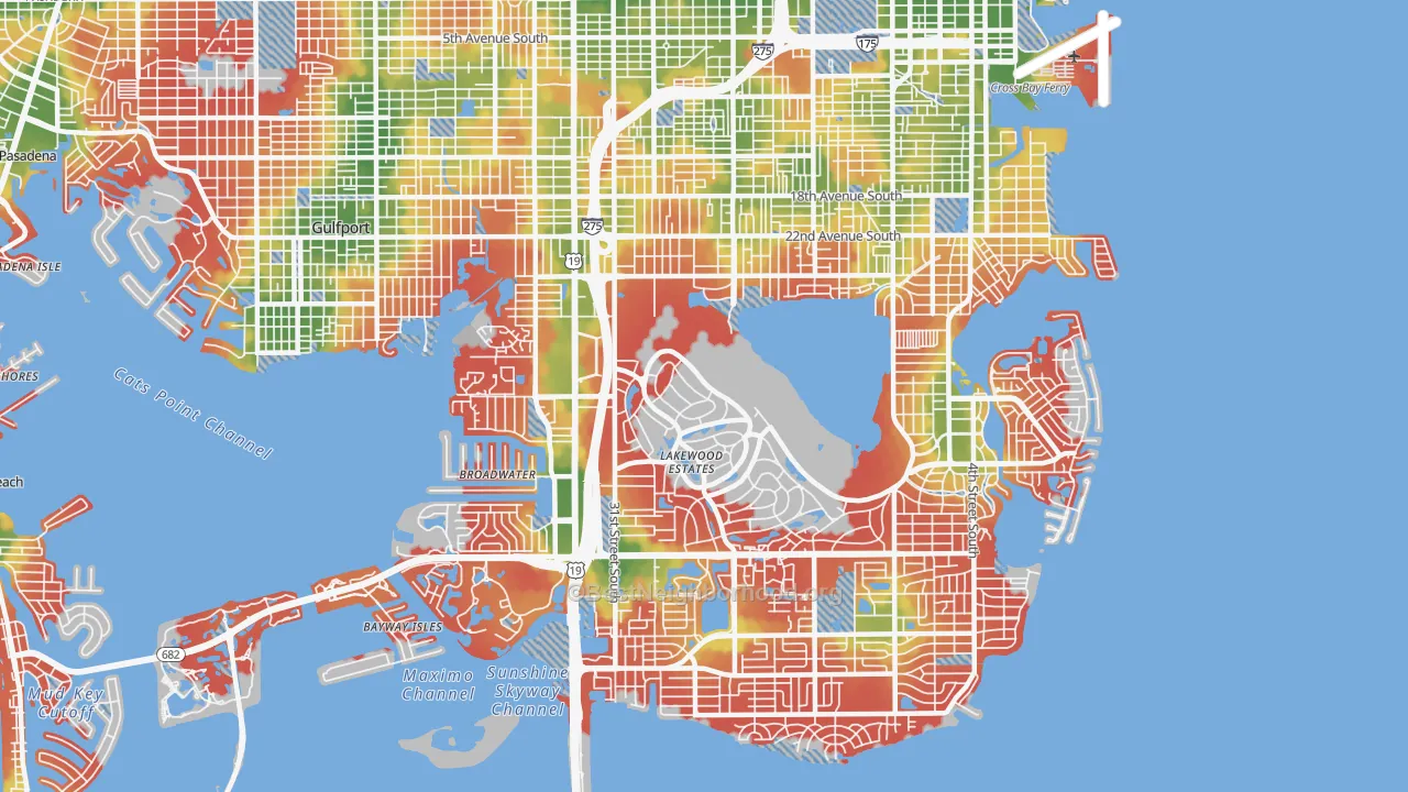 Walk Grade map of 33712, FL, walkable areas in green and car-dependent areas in red