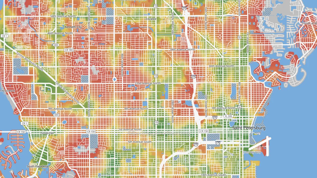 Walk Grade map of 33713, FL, walkable areas in green and car-dependent areas in red