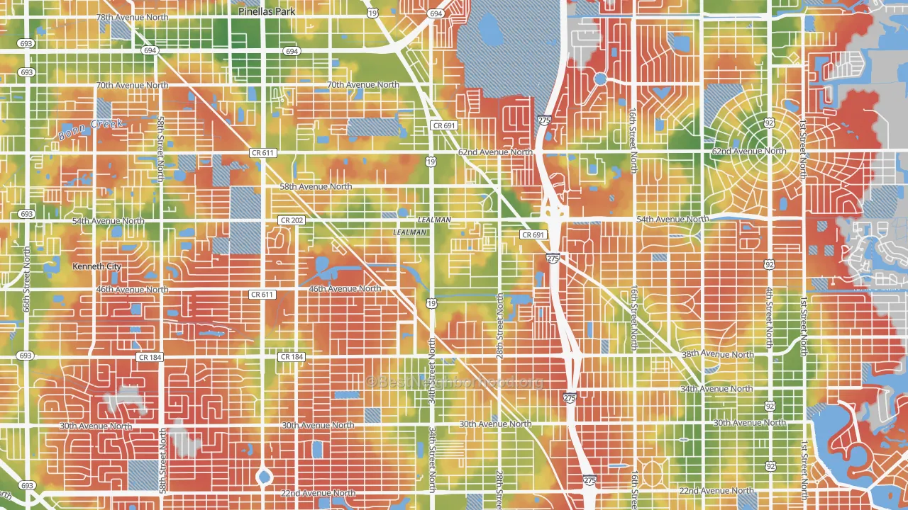 Walk Grade map of 33714, FL, walkable areas in green and car-dependent areas in red