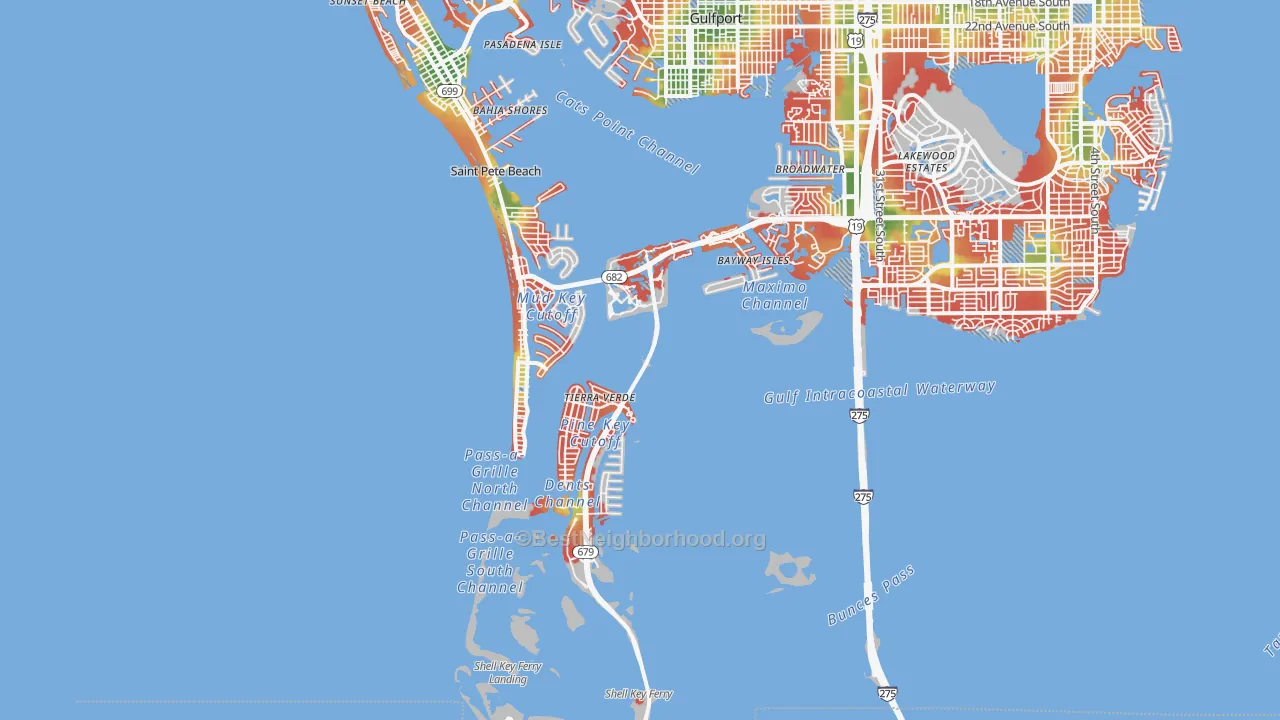 Walk Grade map of 33715, FL, walkable areas in green and car-dependent areas in red